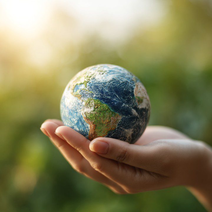 Une main tenant la planète Terre devant un feuillage vert